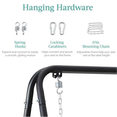 Heavy Duty Hammock Chair Stand 75 Inch Tall For Indoor And Outdoor Use With Powder Coated Steel Frame And Hardware Stand Only Supports Up To 350 Pounds showing hanging hardware components