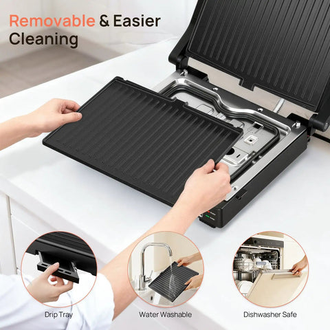 Svuineek 14 Inch Electric Indoor Grill With Panini Press Functionality 1600W Power showing removable drip tray for easy cleaning.