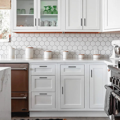 Kitchen with white cabinets featuring 10 Pack Matte Black Cabinet Handles 4 Inch Center To Center, durable and rust resistant.