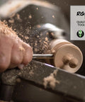 Person using a woodturning lathe with "RG Wood Quality Woodturning Tools & Accessories" logo visible in corner.