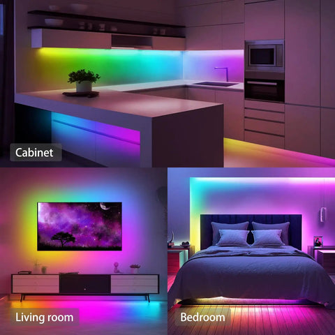 25 Ft Bluetooth LED Strip Lights installed in cabinet, living room, and bedroom, showcasing color changing RGB effects with music sync app.