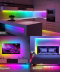 Bluetooth App Controlled Color Changing LED Strip Lights 150 Ft Rope Light Kit Sync With Music For Bedroom Multicolor Tape Lighting Lit Vibe Lighting in kitchen, living room, and bedroom showing multicolor ambiance.