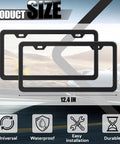 Slick Slim Black Aluminum License Plate Frame Set With Screws And Caps Universal Fit for Cars Trucks SUVs, shown with dimensions.