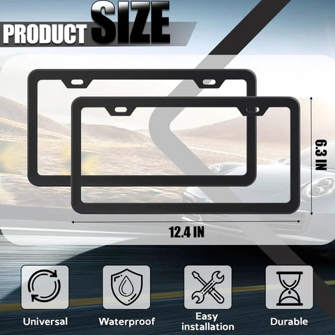 Slick Slim Black Aluminum License Plate Frame Set With Screws And Caps Universal Fit for Cars Trucks SUVs, shown with dimensions.