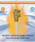 3/4 inch T&P valve for water heaters, brass body, showing heat and cold resistance with extension probe for temperature control.