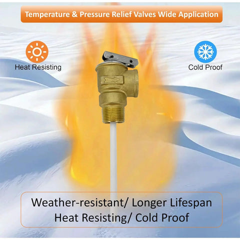 3/4 inch T&P valve for water heaters, brass body, showing heat and cold resistance with extension probe for temperature control.