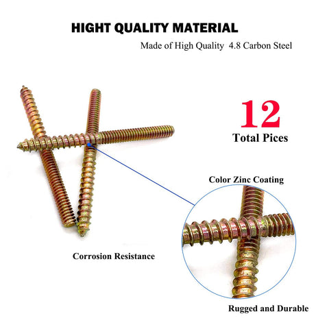12 Pack 1/4 20 X 3 Inch Hanger Bolts For Furniture, Double Ended Wood Dowel Screws, Self Tapping Hanger Bolt Set, carbon steel, shown in detail