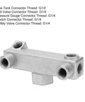6 Way Air Compressor Manifold Block High Flow Aluminum Alloy Distribution Fitting With G1/4 G1/2 Threads, angled view