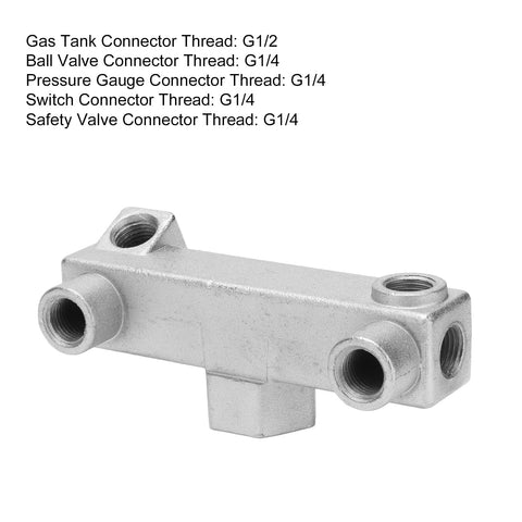 6 Way Air Compressor Manifold Block High Flow Aluminum Alloy Distribution Fitting With G1/4 G1/2 Threads, angled view