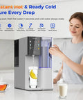 Straight Up Clean Countertop Reverse Osmosis Water Filter System With Instant Hot And Cold Dispenser, 7 Stage Purification, NSf Certified, woman using unit with glass water and pitcher.