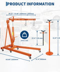 Heavy Duty 2 Ton Folding Hydraulic Engine Hoist With Slick Shop Crane Lift dimensions and specifications in vibrant orange finish.