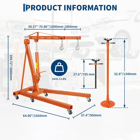 Heavy Duty 2 Ton Folding Hydraulic Engine Hoist With Slick Shop Crane Lift dimensions and specifications in vibrant orange finish.