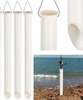 Four Pack 27 Inch Sand Spike PVC Tubular Fishing Rod Holders For Surf Beach River Angling, shown upright on sandy beach