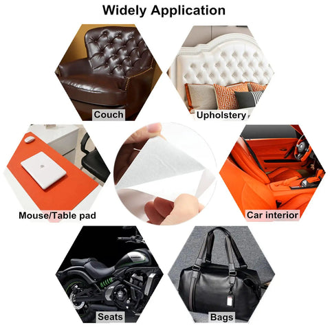Heavy Duty Self Adhesive Leather And Vinyl Repair Tape 3X60 Inch For Couches Sofas And Cars With Solid Grip and quick no sweat fixes for home or auto interiors in dark black, applied on various surfaces.