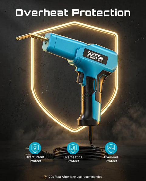 Beefy 150W Plastic Welder Kit showing hot stapler tool with overheat protection feature highlighted.