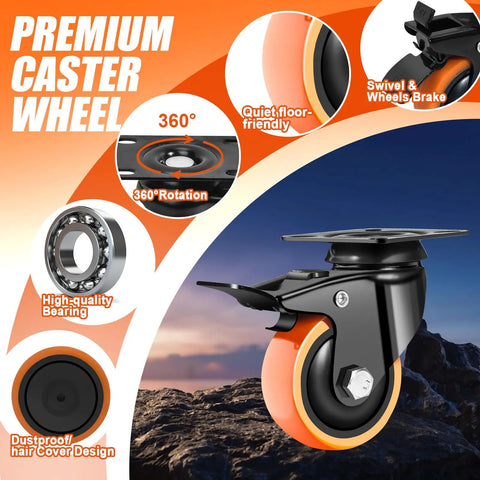 Heavy Duty 2 Inch Caster Wheels Set Of 4 Dual Lock Swivel Casters Beefed Up 600 Lb Capacity showing 360-degree swivel design.