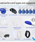 Various RFID tags and cards supported by All In One RFID Reader Writer For Access Control Systems, Multi Frequency Copier shown.