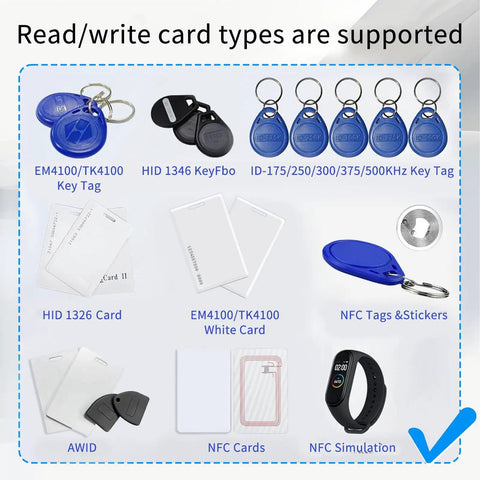 Various RFID tags and cards supported by All In One RFID Reader Writer For Access Control Systems, Multi Frequency Copier shown.