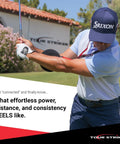 Golfer using Patented Golf Swing Training Ball That Helps You Sync Arms And Body For Real Connection From Takeaway Through Follow Through.