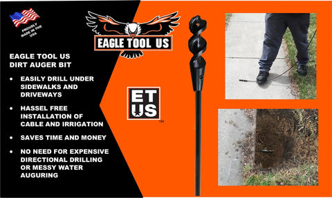 Made In USA Dirt Auger Drill Bit With Three Quarters Inch Head And 72 Inch Shank displayed with usage examples in garden soil