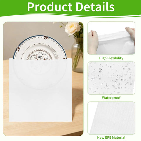 500 Pack Dish Packing Supplies With Foam Wrap Pouches And Sheets For Moving Dope Set of Assorted Sizes shown with plate
