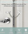 Heart Shaped Door Chain Lock With Press To Unlock Adjustable 3mm Chain Kid Proof Security For Home Apartment Bedroom And Travel Stainless Steel Brushed Nickel Finish installed on door
