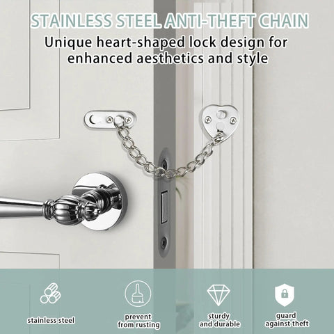 Heart Shaped Door Chain Lock With Press To Unlock Adjustable 3mm Chain Kid Proof Security For Home Apartment Bedroom And Travel Stainless Steel Brushed Nickel Finish installed on door