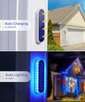 Blue Solar Dock Deck Lights No Wiring Easy Install Stick On Outdoor Waterproof Step Lights For Stairs Driveway Patio Garden Backyard 4 Pack With 30 LEDs And 360 Degree Illumination, shown charging and illuminating on a wall near a house.