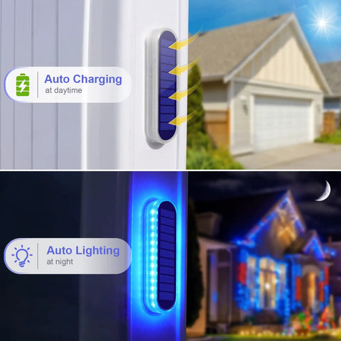Blue Solar Dock Deck Lights No Wiring Easy Install Stick On Outdoor Waterproof Step Lights For Stairs Driveway Patio Garden Backyard 4 Pack With 30 LEDs And 360 Degree Illumination, shown charging and illuminating on a wall near a house.