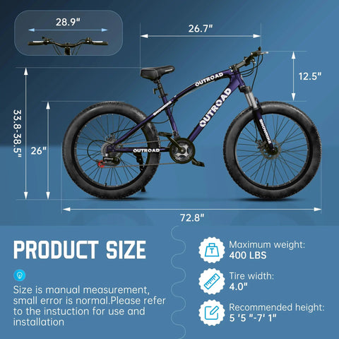 Size dimensions for Beefy Fat Tire 26-Inch Mountain Bike With 21-Speed Drivetrain, 4-Inch Fat Tires, Heavy-Duty 400lb Capacity, Purple.