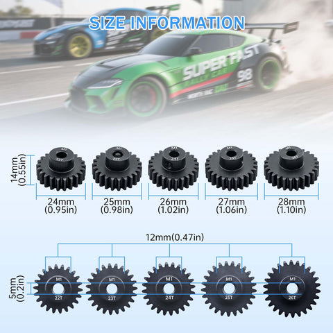 M1 Pinion Gear Sets 22T 23T 24T 25T 26T For 5mm Shaft Motors With Hex Key Beefed-Up Metal Gear For 1 Eighth Scale RC Cars Brushless Power Durable Gear Set For Pro RC Hobbyists