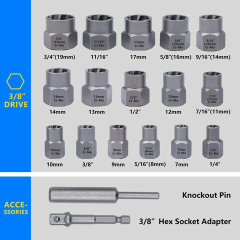 Image of 18-piece socket set with various sizes and 3/8" drive markings, including knockout pin and hex socket adapter.