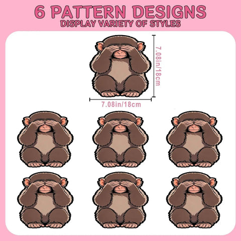Sheet of 6 Monkey DTF Transfers for T Shirts, 7x7 inches, heat transfer stickers with white ink underlay, DIY clothing decals