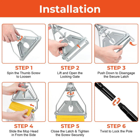Installation steps for Built Tough Commercial Wet Mop Handles 3 Pack 58 Inch Metal Cleaning Poles with secure jaw clamp head.