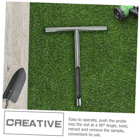 Stainless Steel Soil Probe With T Handle Easy Core Sampler for lawn testing on turf with garden tools nearby.