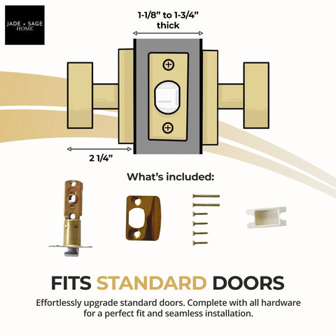 Diagram of brushed gold door handles for interior doors with installation hardware, showcasing dimensions