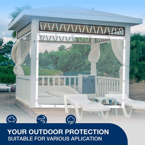 Clear Vinyl Tarp 10x12 Ft, 15 Oz Waterproof Tarpaulin on outdoor gazebo, see-through PVC tarp with reinforced edges.
