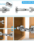2 Pack 175 Degree Soft Close Hinges For Corner Cabinets With Clip On Plates showing installation steps and removable base.