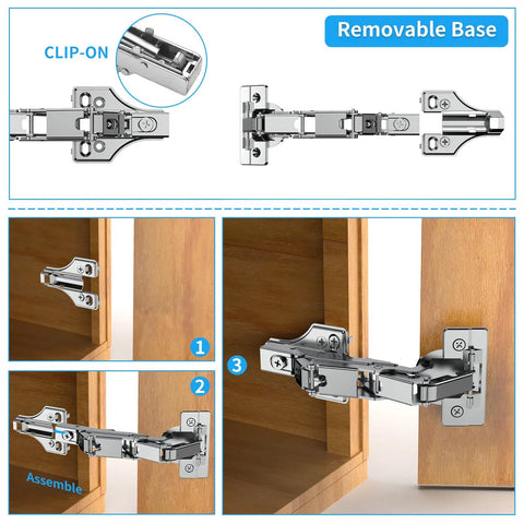 2 Pack 175 Degree Soft Close Hinges For Corner Cabinets With Clip On Plates showing installation steps and removable base.