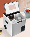 Two In One Countertop Cube Maker And Crushed Ice Crusher With Bright LCD Display showing ice cubes inside and open lid.