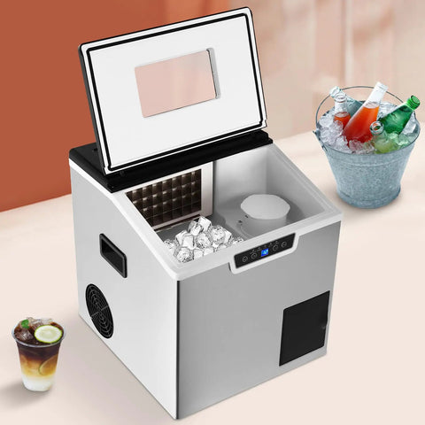 Two In One Countertop Cube Maker And Crushed Ice Crusher With Bright LCD Display showing ice cubes inside and open lid.