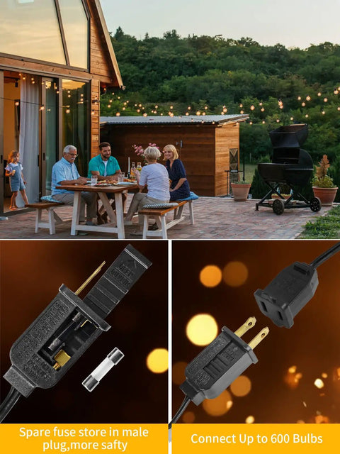 Outdoor String Lights 200 Ft Waterproof Shatterproof Globe Bulbs 104 LED Easy Install Connectable End To End Dimmable Warm White 2700K hung in backyard