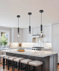 Matte Black Mini Pendant Lights 3 Pack With Integrated 36W 4000K LED Bubble Crystal Dimmable Hanging Fixtures in modern kitchen