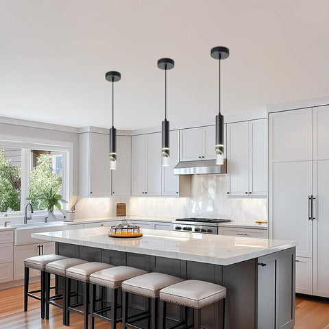 Matte Black Mini Pendant Lights 3 Pack With Integrated 36W 4000K LED Bubble Crystal Dimmable Hanging Fixtures in modern kitchen