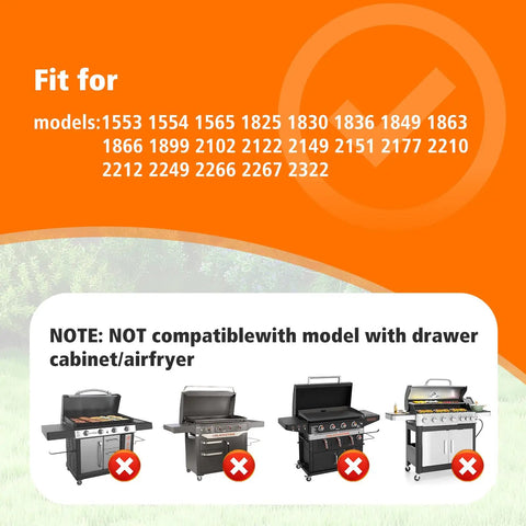 Compatibility list for Front Griddle Caddy For 28 And 36 Inch Griddles showing models and incompatible grill types with images.