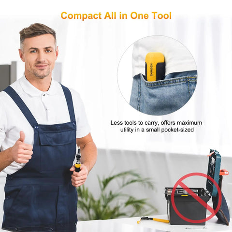 Man holding Ratcheting 13-In-1 Multi Bit Screwdriver Set With 180 Degree Pivot next to toolbox, compact design fits in pocket