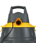 Contractor Wet Dry Vacuum For Jobsite, 6 Gallon Workhorse Powerhouse, 960W, Lightweight, gray and yellow close-up view.