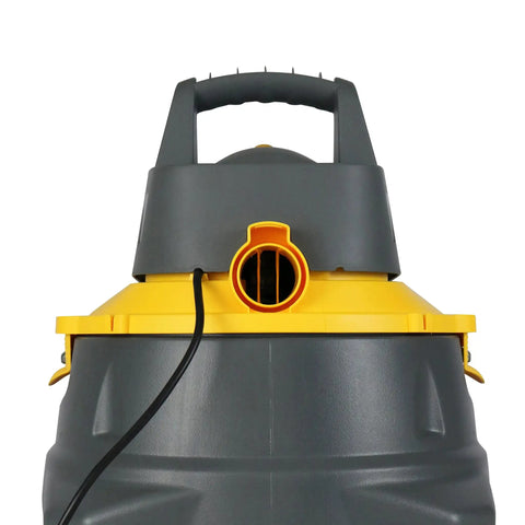 Contractor Wet Dry Vacuum For Jobsite, 6 Gallon Workhorse Powerhouse, 960W, Lightweight, gray and yellow close-up view.