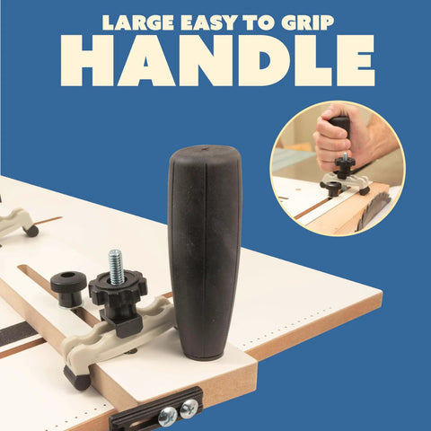 Adjustable Taper and Straight Line Jig With Blade Safe Hold Downs for Table Saw, shows large handle and bolt clamps.