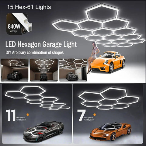 Hexagon Led Garage Light Set With 15 Hex Honeycomb Panels, 68800 Lumens, 6000K Daylight Ceiling Shop Light installed in garage